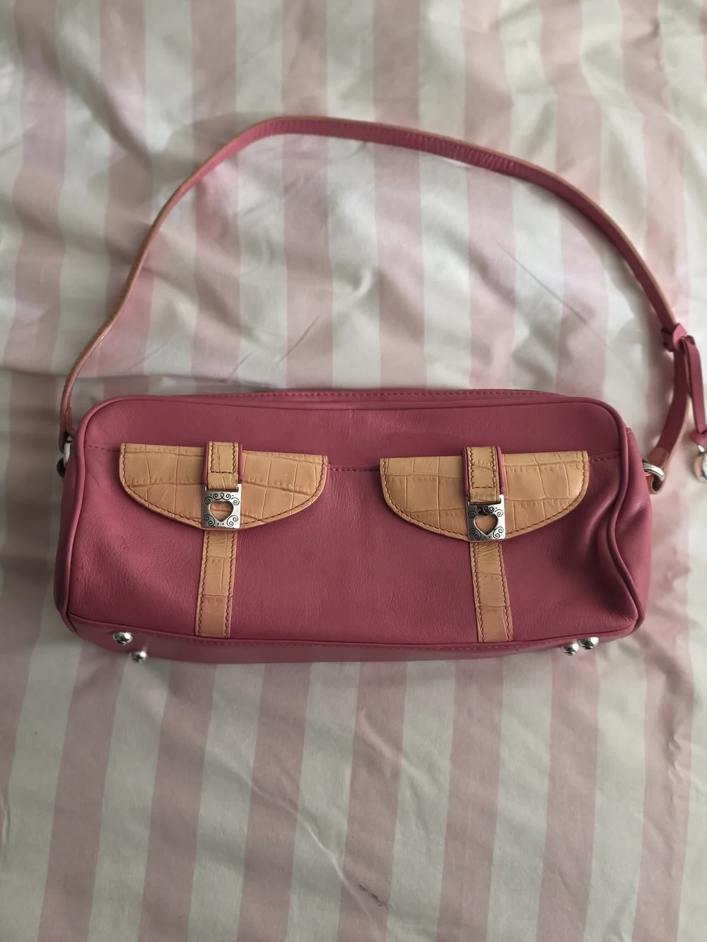 Brighton Pink Shoulder Bag with Tan Flap Accents
